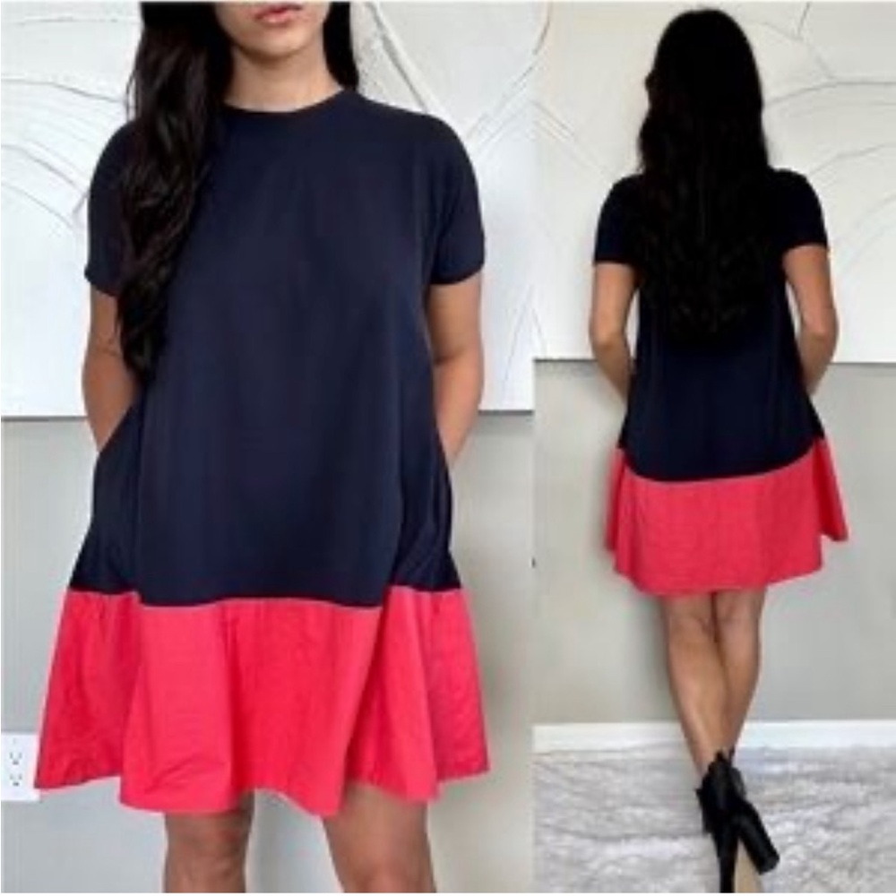 COS Contrast Panel Jersey Navy Blue Orange Red Color Block Dress XS Pockets